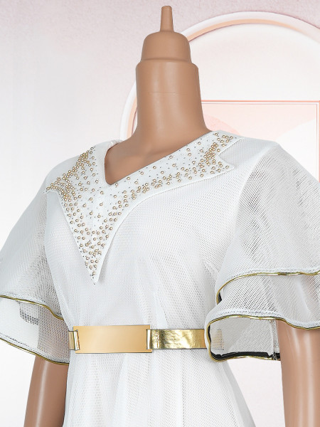 V-neck bag hip skirt bubble bead dress with belt included S10387
