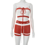 Knitted rope tie strapless top, striped shorts two-piece set