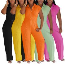 Striped collar shirt straight leg pants jumpsuit Striped collar shirt straight leg pants jumpsuit