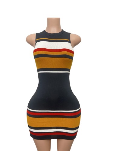 Thin shouldered sleeveless contrasting striped knitted dress