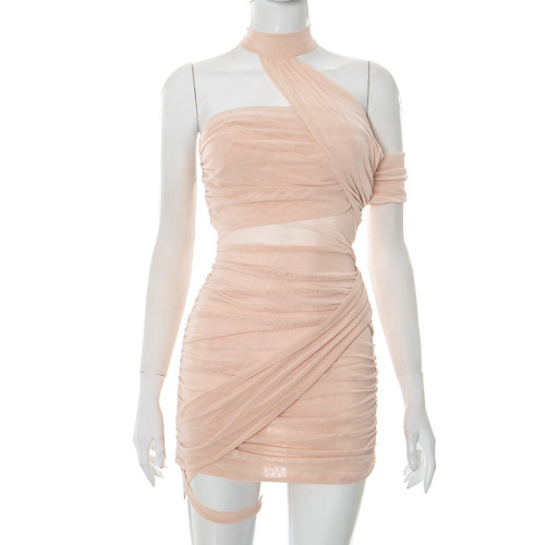 Mesh neck hanging, exposed back, asymmetric pleated skirt, hip wrapped, short skirt dress
