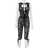 Lace hollow out tied rope sleeveless top, seven inch shorts two-piece set