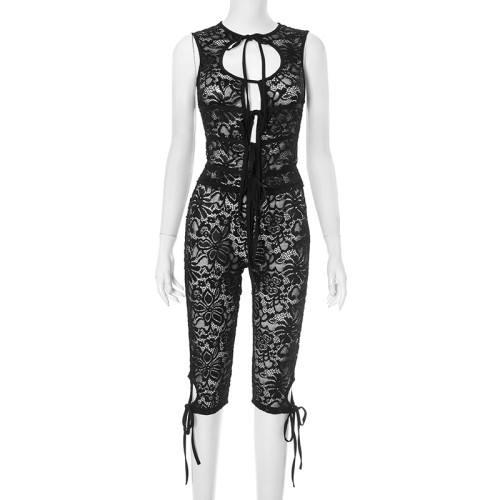 Lace hollow out tied rope sleeveless top, seven inch shorts two-piece set