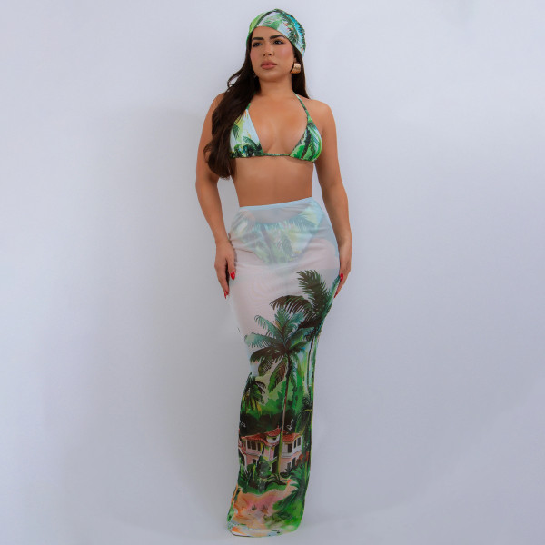 Printed bikini three piece set without headscarf