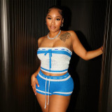 Knitted rope tie strapless top, striped shorts two-piece set