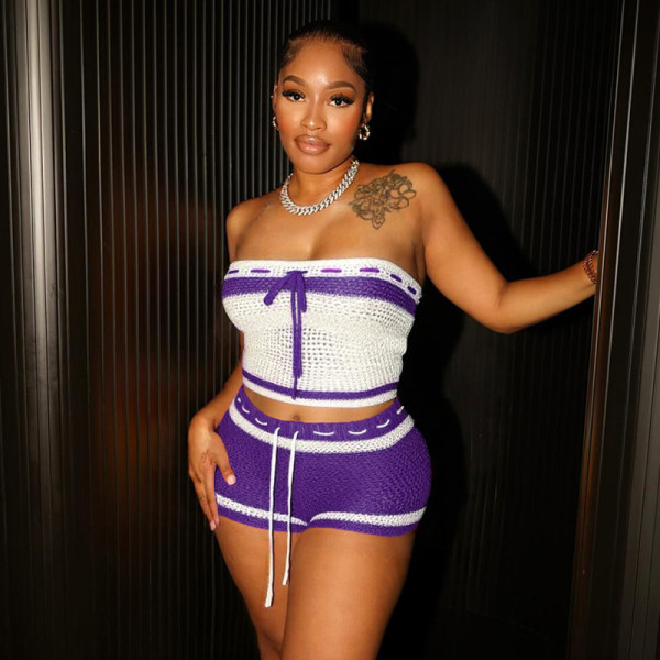 Knitted rope tie strapless top, striped shorts two-piece set