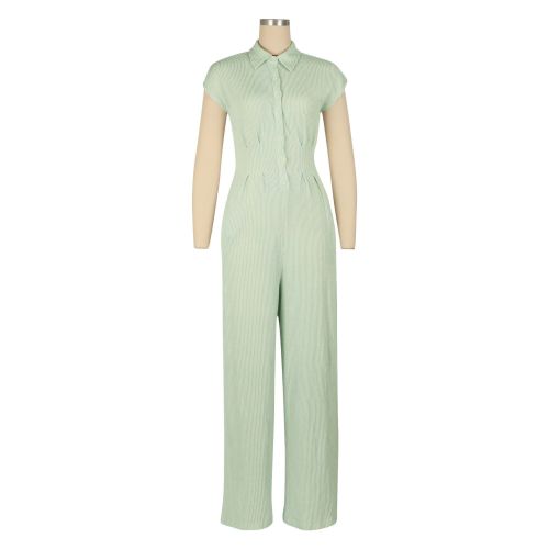 Striped collar shirt straight leg pants jumpsuit
