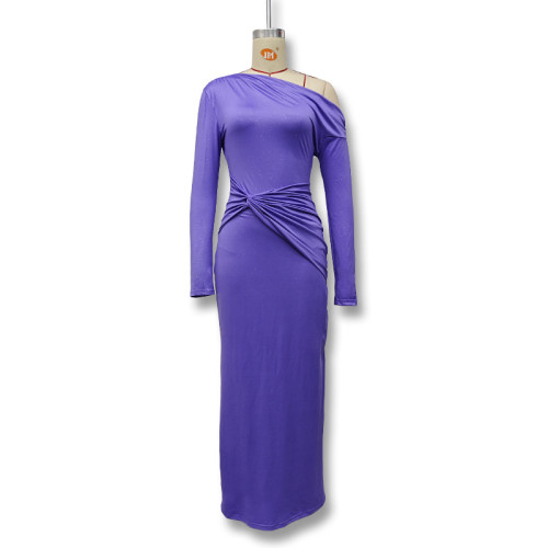 Slanted shoulder long sleeved hip hugging long skirt pleated dress