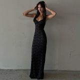 Strap deep V-lace see through dress with backless skirt