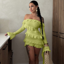 Strapless shoulder length lotus leaf edge flared sleeve ribbon dress