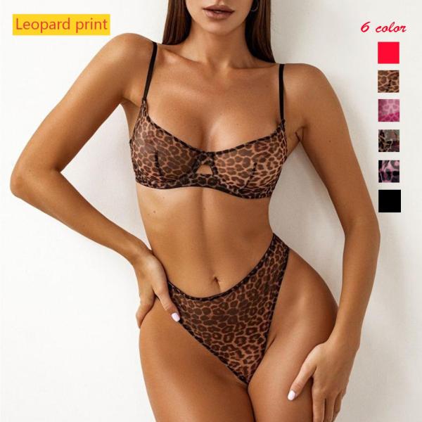 Leopard print see through lingerie ultra-thin mesh set
