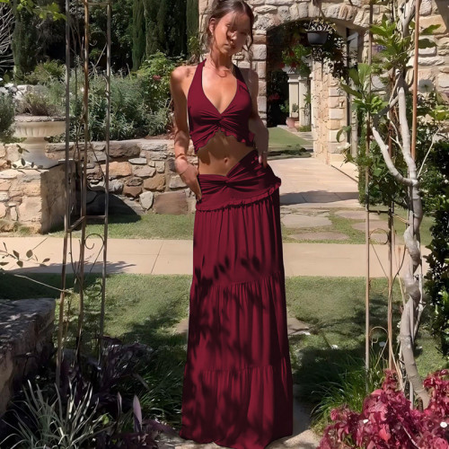 Umbilical fold hanging neck top and skirt set