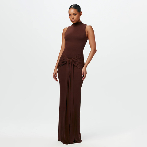 Solid color round neck sleeveless strap wrapped hip dress