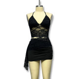 Perspective camisole vest with hollowed out lace patchwork, hip hugging mini skirt set