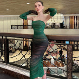 Mesh gradient one neck strapless high waisted long skirt dress