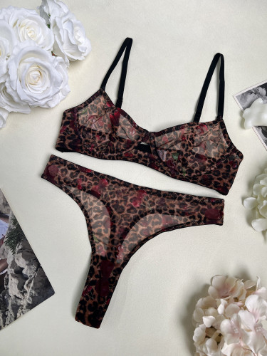 Leopard print see through lingerie ultra-thin mesh set
