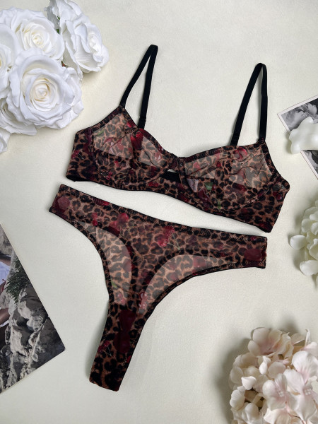 Leopard print see through lingerie ultra-thin mesh set