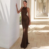 Hanging neck knitted sleeveless slim fit dress