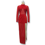 Round neck hip cross stitch see through mesh dress