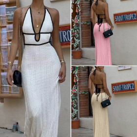Backless tied cross V-neck sleeveless long skirt