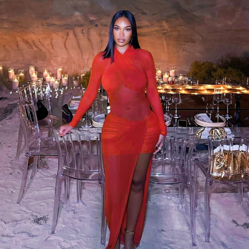 Round neck hip cross stitch see through mesh dress