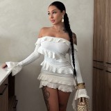 Strapless shoulder length lotus leaf edge flared sleeve ribbon dress