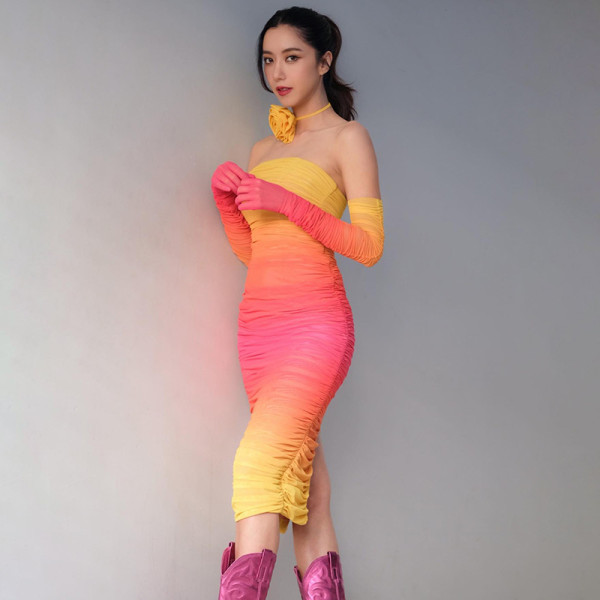 Mesh gradient one neck strapless high waisted long skirt dress