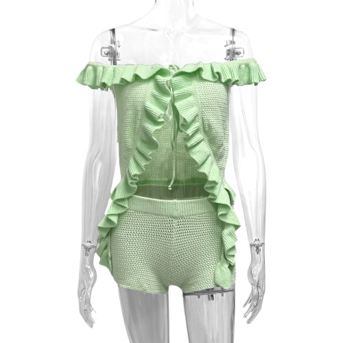 One shoulder lotus leaf edge top, three part shorts, woolen suit