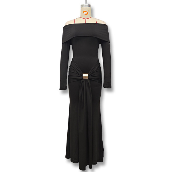 One shoulder long sleeved pleated slim fit hip hugging dress