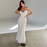 Strap deep V-lace see through dress with backless skirt
