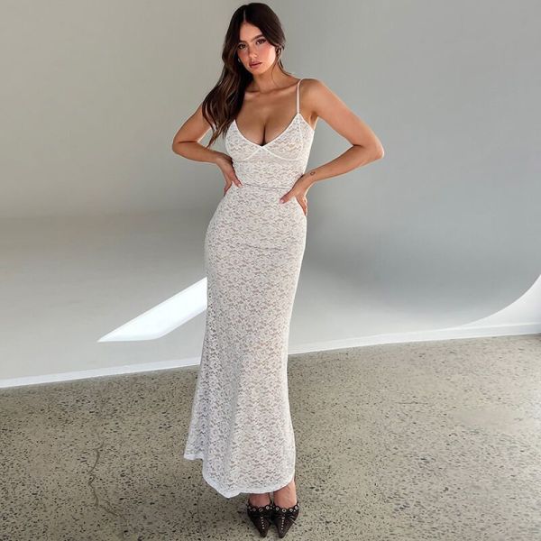 Strap deep V-lace see through dress with backless skirt