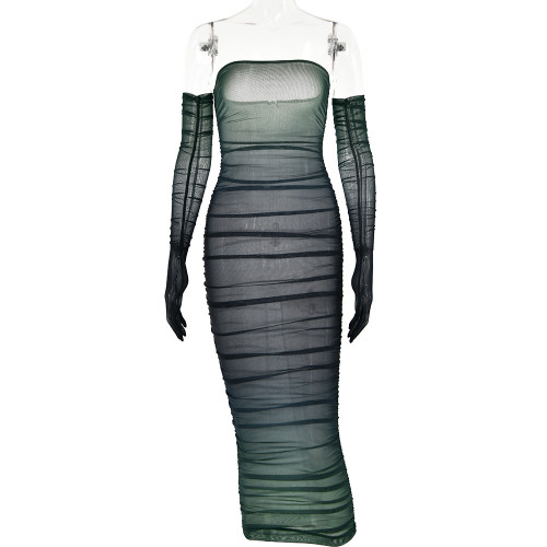 Mesh gradient one neck strapless high waisted long skirt dress