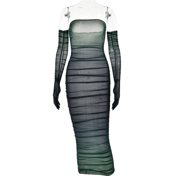 Mesh gradient one neck strapless high waisted long skirt dress