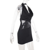 Sparkling mesh patchwork neck dress