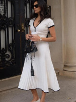 V-neck slim fit knitted hip hugging pleated dress set