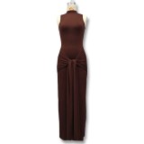 Solid color round neck sleeveless strap wrapped hip dress