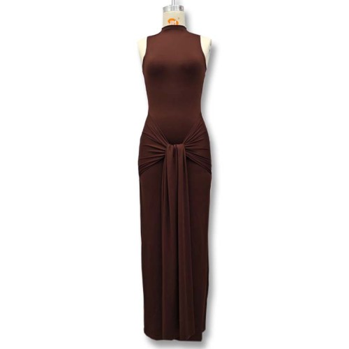 Solid color round neck sleeveless strap wrapped hip dress
