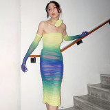 Mesh gradient one neck strapless high waisted long skirt dress