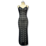 Strap deep V-lace see through dress with backless skirt