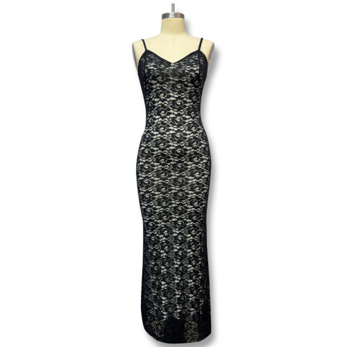 Strap deep V-lace see through dress with backless skirt