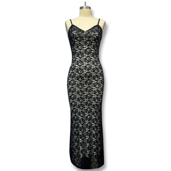 Strap deep V-lace see through dress with backless skirt