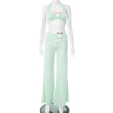 Heart metal buckle hollow top wide leg pants set