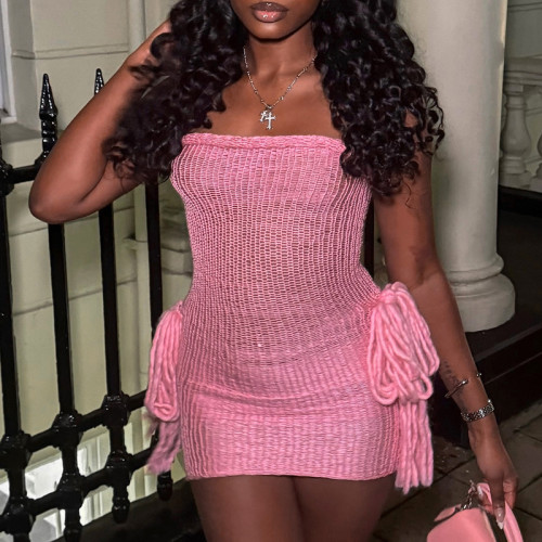 Woolen strapless backless fringe wrapped short skirt dress