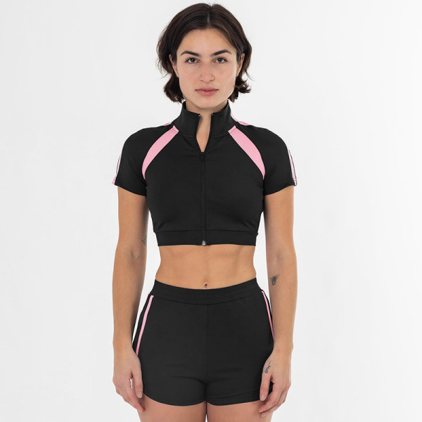 High collar spliced zipper short sleeved tight contrasting color short top and shorts set