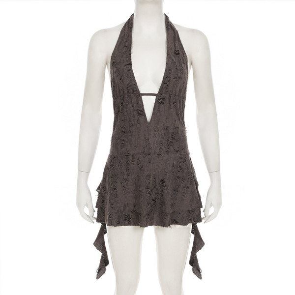 Deep V neck hanging, exposed back, torn hole, irregular jumpsuit, short skirt