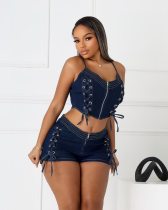 Denim shorts set, lace up vest, elastic shorts set