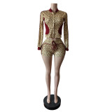 Leopard print long sleeved elastic printed shorts set