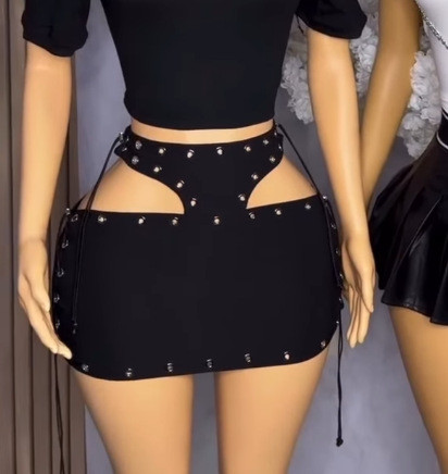Machine eye lace up hollow out ultra short skirt