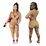 Leopard print long sleeved elastic printed shorts set