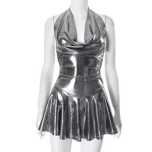 Backless strap V-neck tight pleated short skirt dress
